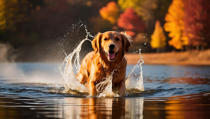 A playful Golden Retriever splashing joyfully in a shallow lake surrounded by autumn trees, with water droplets sparkling in the sunlight.

