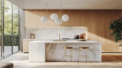 Modern Kitchen with Marble Island and Wooden Cabinets