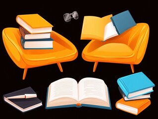 Cozy reading nook with books and chairs modern home digital illustration indoor eye-level relaxation concept