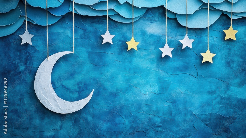 Poster A whimsical display features a paper moon and stars hanging from strings, set against a vibrant blue layered background, inviting creativity. Generative AI