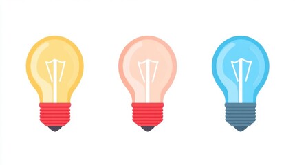 Three colorful light bulbs in yellow, pink, and blue, each with a red or gray base, against a simple white background.