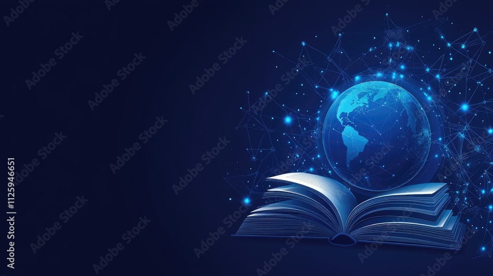 Poster a dark blue background with an open book and globe of earth, representing the global nature of moder