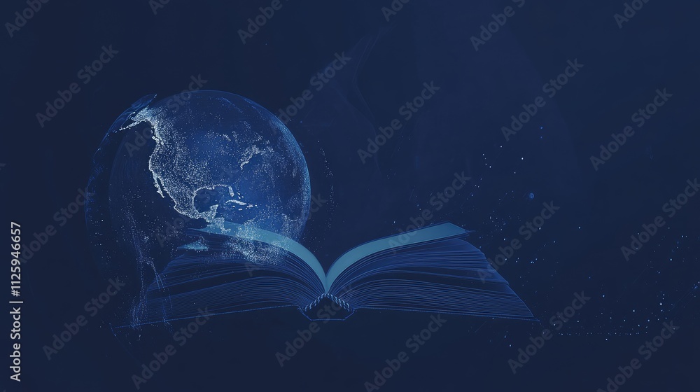 Poster a dark blue background with an open book and globe of earth, representing the global nature of moder