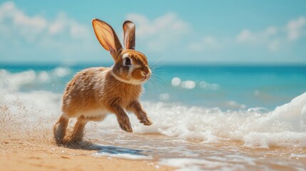 A cute rabbit hopping along the shore of a sunny beach, with a clear blue sky and waves gently crashing in the background.