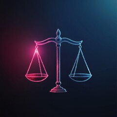 A digital representation of balance scales, symbolizing justice, law, and equity, illuminated with red and blue hues.
