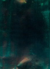 Dust scratch overlay. Old film. Grunge texture. Green orange color glow dirt stain weathered worn rough creased defect grimy filter dark illustration art abstract background.