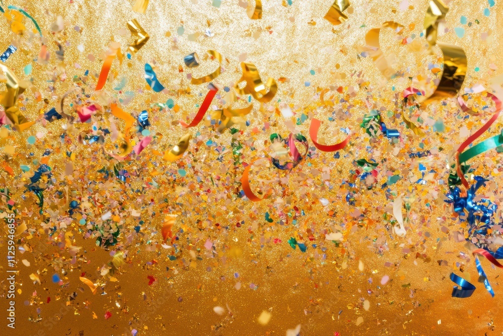 Poster Vivid confetti and curling ribbons cascade against a sparkling golden backdrop, creating a perfect festive atmosphere for New Year celebrations. Generative AI