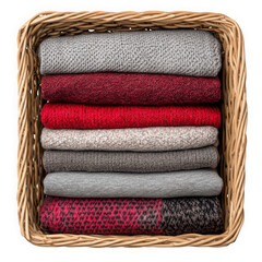 Neatly Folded Red and Grey Sweaters in a Wicker Basket