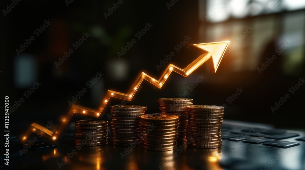 Poster a graphical representation of rising profits, featuring stacks of coins and an upward arrow symboliz
