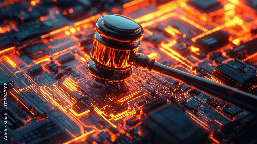Poster a digital gavel surrounded by glowing circuitry, representing the fusion of law and technology in th