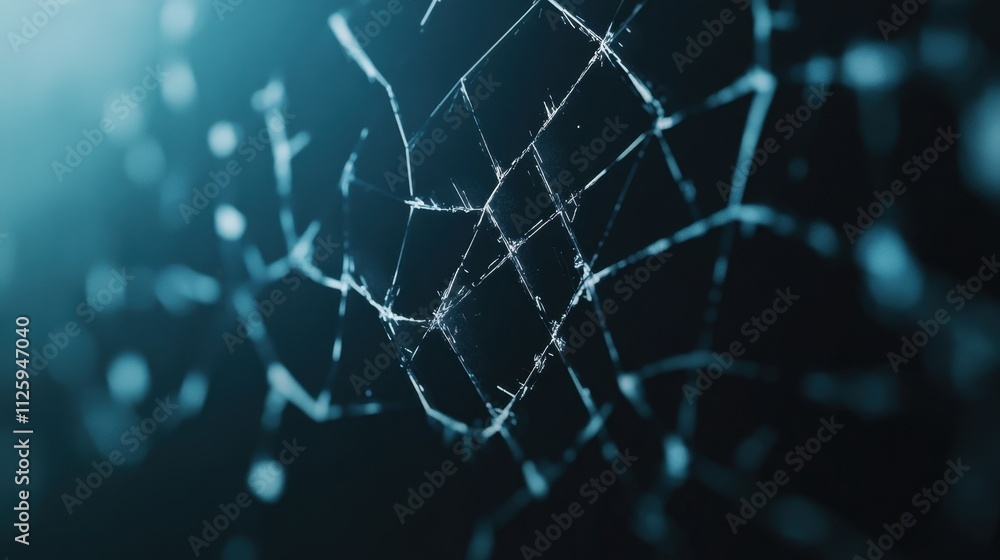 Poster a close-up view of a delicate spider web glistening with dew against a dark background, showcasing i