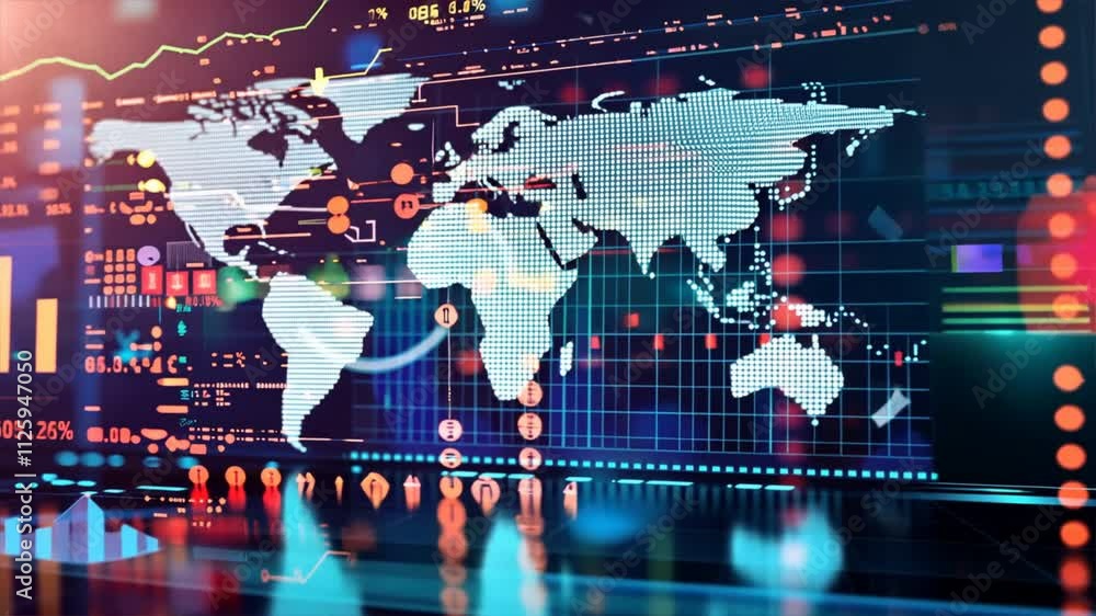 Poster digital world map featuring colorful data visualization, graphs, and statistics that highlight globa
