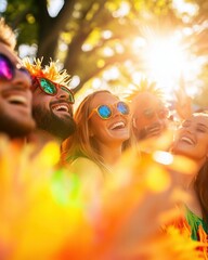 Festive celebration with friends outdoor park candid photography sunlit atmosphere joyful vibe togetherness concept