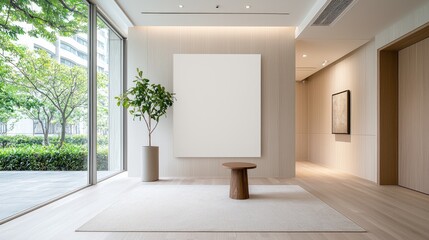 Modern minimalist lobby interior with blank canvas, plant, and wooden stool.