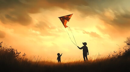 A beautiful sunset scene of two children flying a kite together, symbolizing joy and familial bonding.