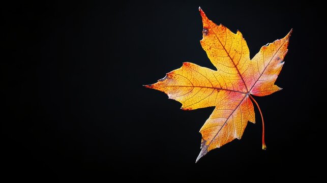 A falling yellow-red gradient maple leaf, side, close-up, best quality, photograph