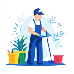 A person in work attire is cleaning with a mop, surrounded by plants and cleaning supplies, emphasizing cleanliness and maintenance.
