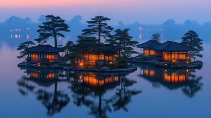 Fototapeta premium Illuminated island houses on tranquil lake at dusk.