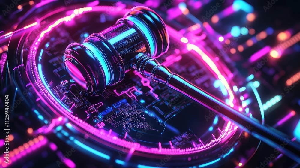 Poster a digital representation of a gavel encircled by vibrant, glowing circuits, representing the integra