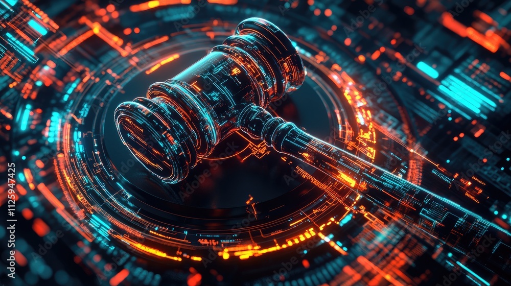 Poster a digital representation of a gavel encircled by vibrant, glowing circuits, representing the integra
