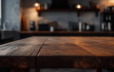 Rustic wooden table in a blurred kitchen background.