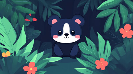 Fototapeta premium playful baby bear exploring jungle surrounded by vibrant foliage and flowers