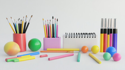 Obraz premium Art supplies, colorful pens, paintbrushes, and sketchbook create vibrant scene