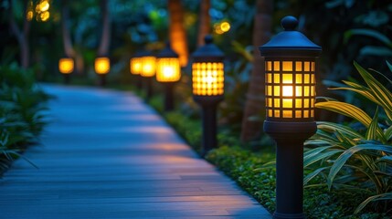 Illuminated pathway with lanterns at night.