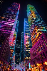 Skyscrapers in the city center adorned with colorful holiday lights. The streets below are crowded with holiday, Generative AI