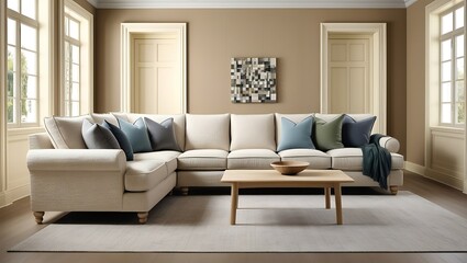 Fototapeta premium Cream corner sofa in classic living room with wooden coffee table and soft furnishings.