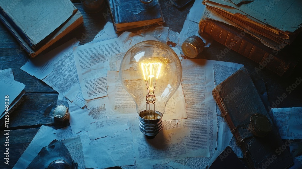 Poster A flat lay image of a light bulb, surrounded by books and papers, representing the process of clarifying complex ideas and creative thinking.