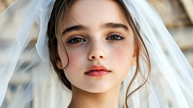 Young girl in her first communion dress, standing in front of a grand church facade with intricate details
