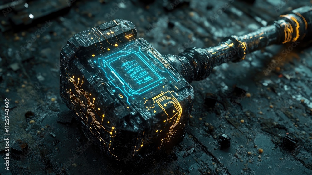 Poster A futuristic digital gavel with illuminated circuits, highlighting the merging of legal systems and advanced technology in modern society.