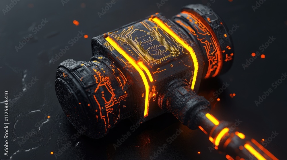 Poster a futuristic digital gavel with glowing circuits, symbolizing the convergence of technology and the 