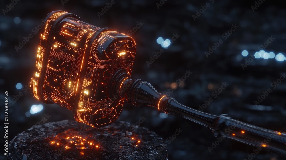 Poster a futuristic digital gavel with illuminated circuits, highlighting the merging of legal systems and 