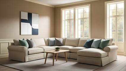 Beige sectional sofa in a modern living room with large windows and abstract art.