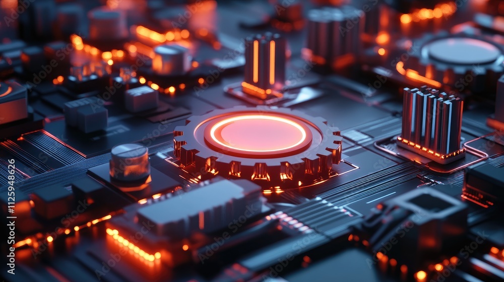 Aufkleber a futuristic digital scene featuring gears, hexagons, and circuit boards, symbolizing telecom techno