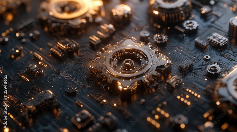 Aufkleber a futuristic digital scene featuring gears, hexagons, and circuit boards, symbolizing telecom techno
