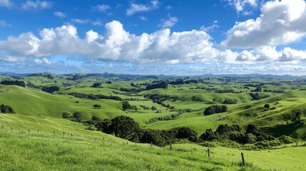Fototapeta premium Captivating scenic view of rolling hills lush green landscape under a bright blue sky with fluffy clouds