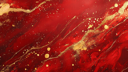 Abstract red marble texture with luxurious gold splashes