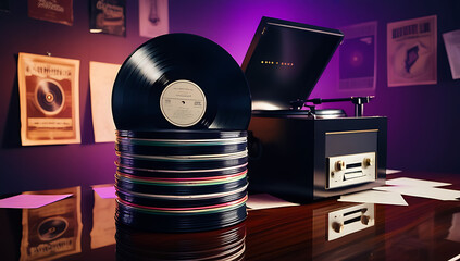 A stack of vinyl records next to a classic record player under moody purple and gold lighting, faint reflections on a glossy wooden surface, surrounded by scattered musical notes and vintage posters.
