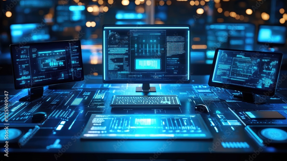 Poster A futuristic tech workspace with multiple digital devices and glowing screens.