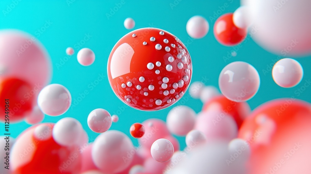 Poster abstract 3d render red white spheres floating bubbles minimalist background