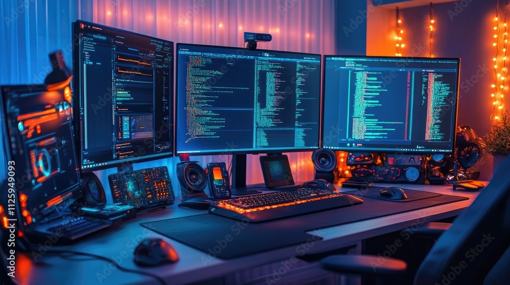 Fototapete a futuristic tech workspace with multiple digital devices and glowing screens.