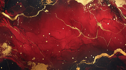 Abstract red marble texture with luxurious gold splashes