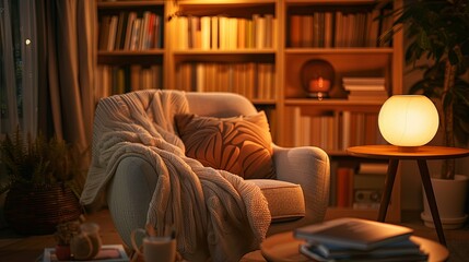 Cozy Armchair in a Library, Illuminated by a Warm Table Lamp at Night