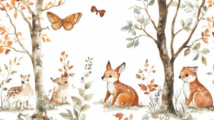 Fototapeta premium Charming woodland animals in serene forest setting, featuring deer, fox, and butterflies