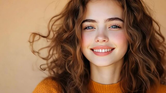 Portrait of a young woman with curly hair, smiling warmly against a soft, neutral background.
