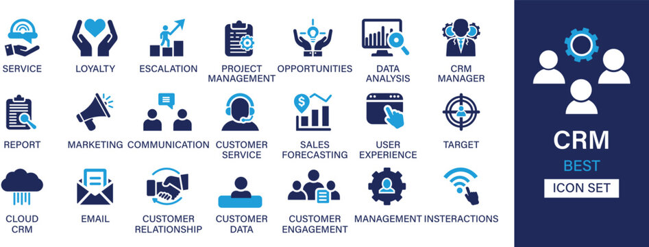 Customer relationship management best solid icon set collection. Service, loyalty, escalation, project management, opportunities, data analysis, manager, report, marketing, and vector illustration.