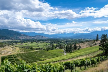 Fototapeta premium Exploring a picturesque vineyard rolling hills landscape photography natural environment aerial view scenic beauty under blue sky with fluffy clouds